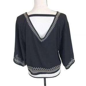 Women’s Navy Blue 3/4 Length Sleeve Crop Top with Cream Embroidery Detail